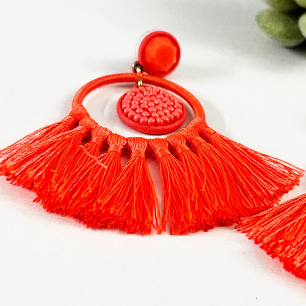 J. Crew Neon Orange Hoop Tassel Fringe Earrings - Picture 5 of 7